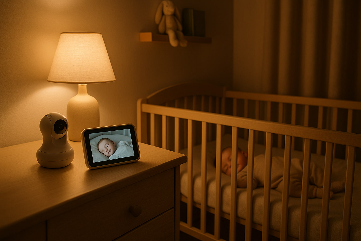 Indoor camera vs baby monitor in a cozy nursery setting with sleeping baby. - Find For Baby