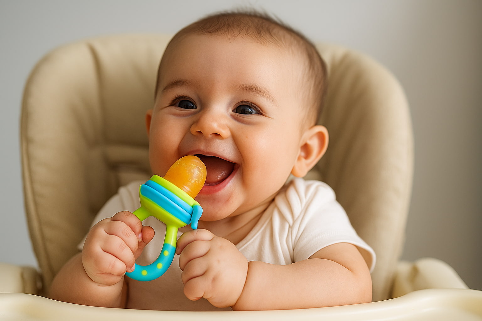 Infant using a mesh feeder for safe fruit feeding - Find For Baby