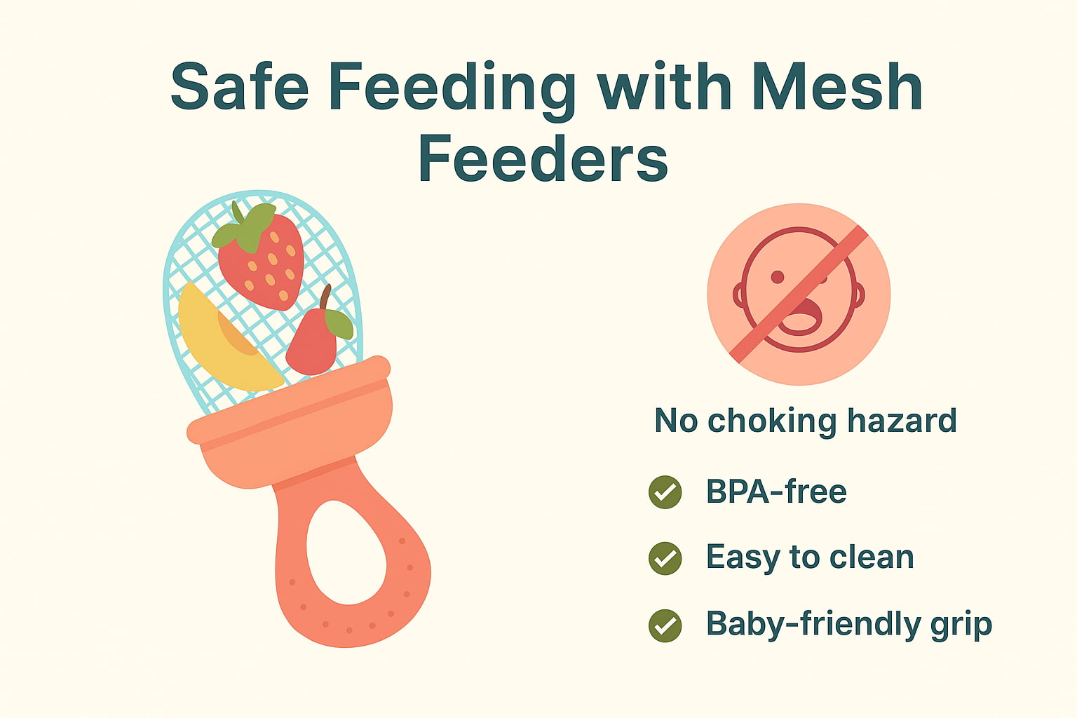 Infographic showing mesh feeders with fruit pieces and safety checklist for parents - Find For Baby Infographic showing mesh feeders with fruit pieces and safety checklist for parents - Find For Baby