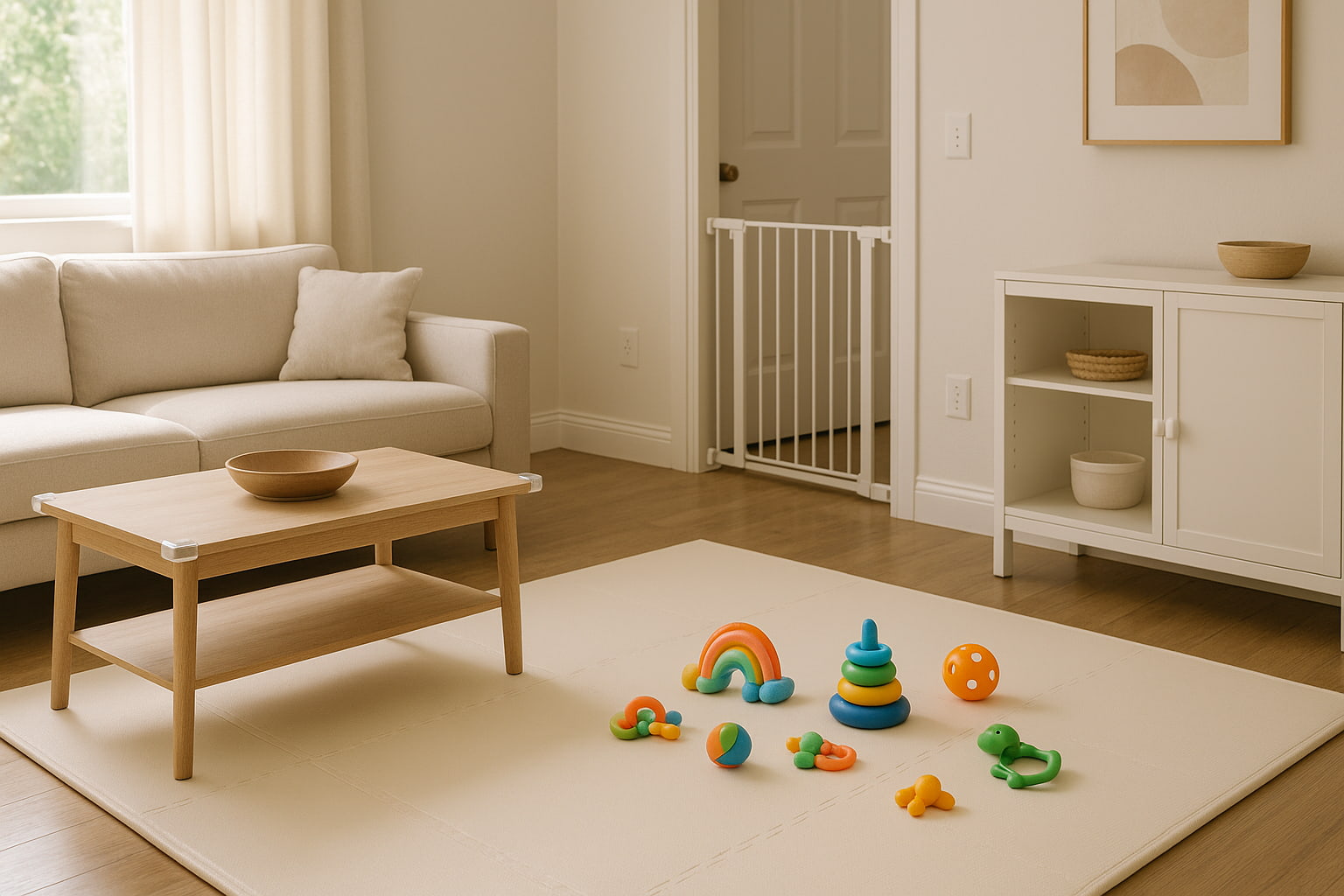 Modern living room with babyproofing essentials for safety - Find For Baby