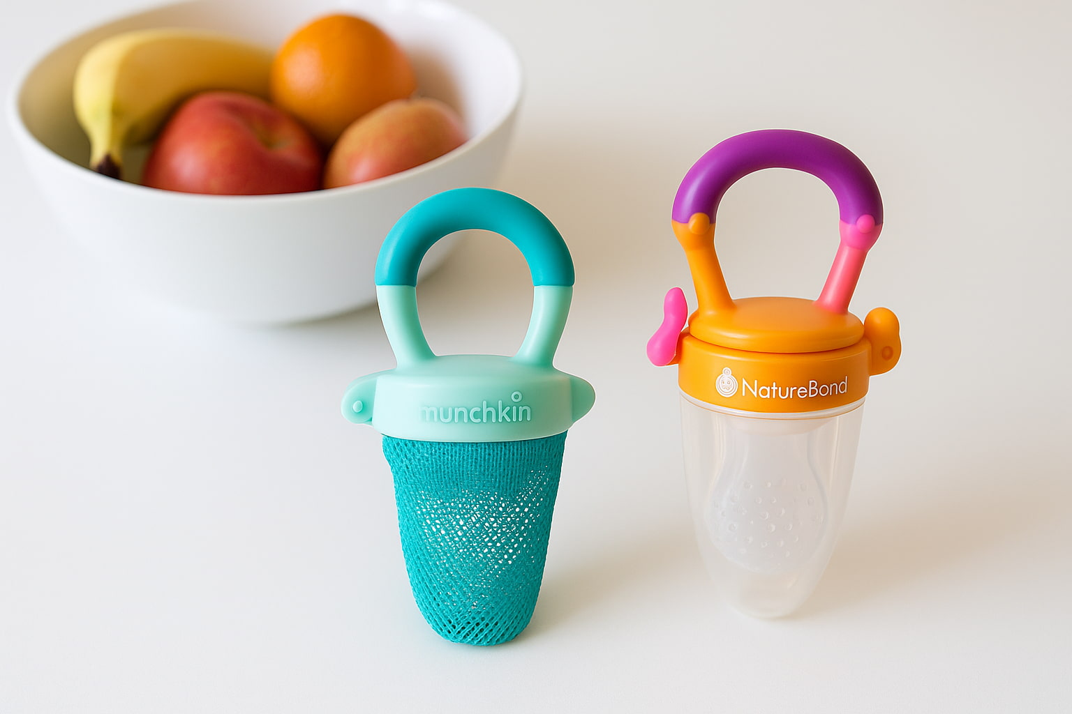 Munchkin vs NatureBond mesh feeder placed side by side on a kitchen table with fresh fruit - Find For Baby