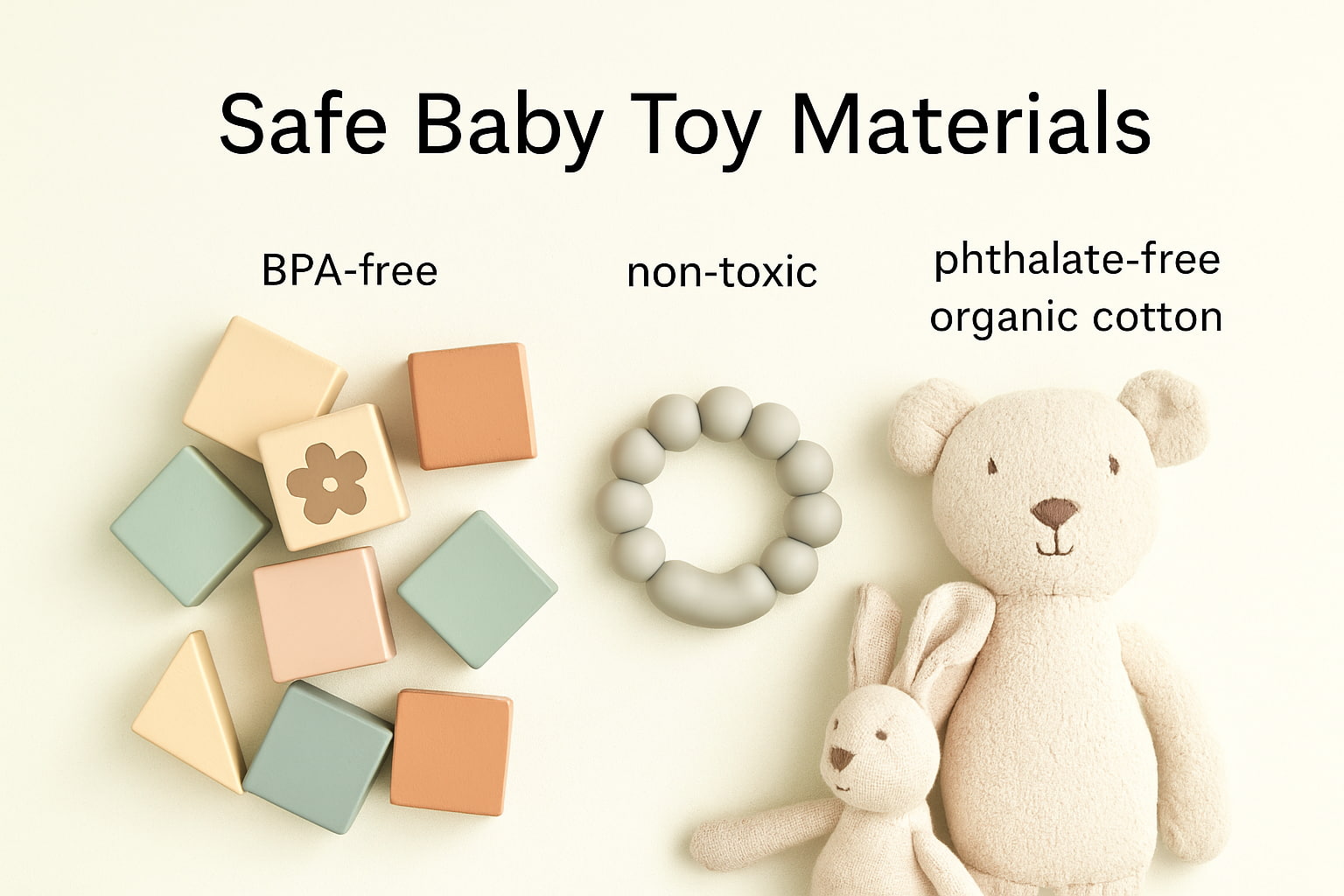 Non-toxic wooden, silicone, and cotton baby toys displayed safely - Find For Baby