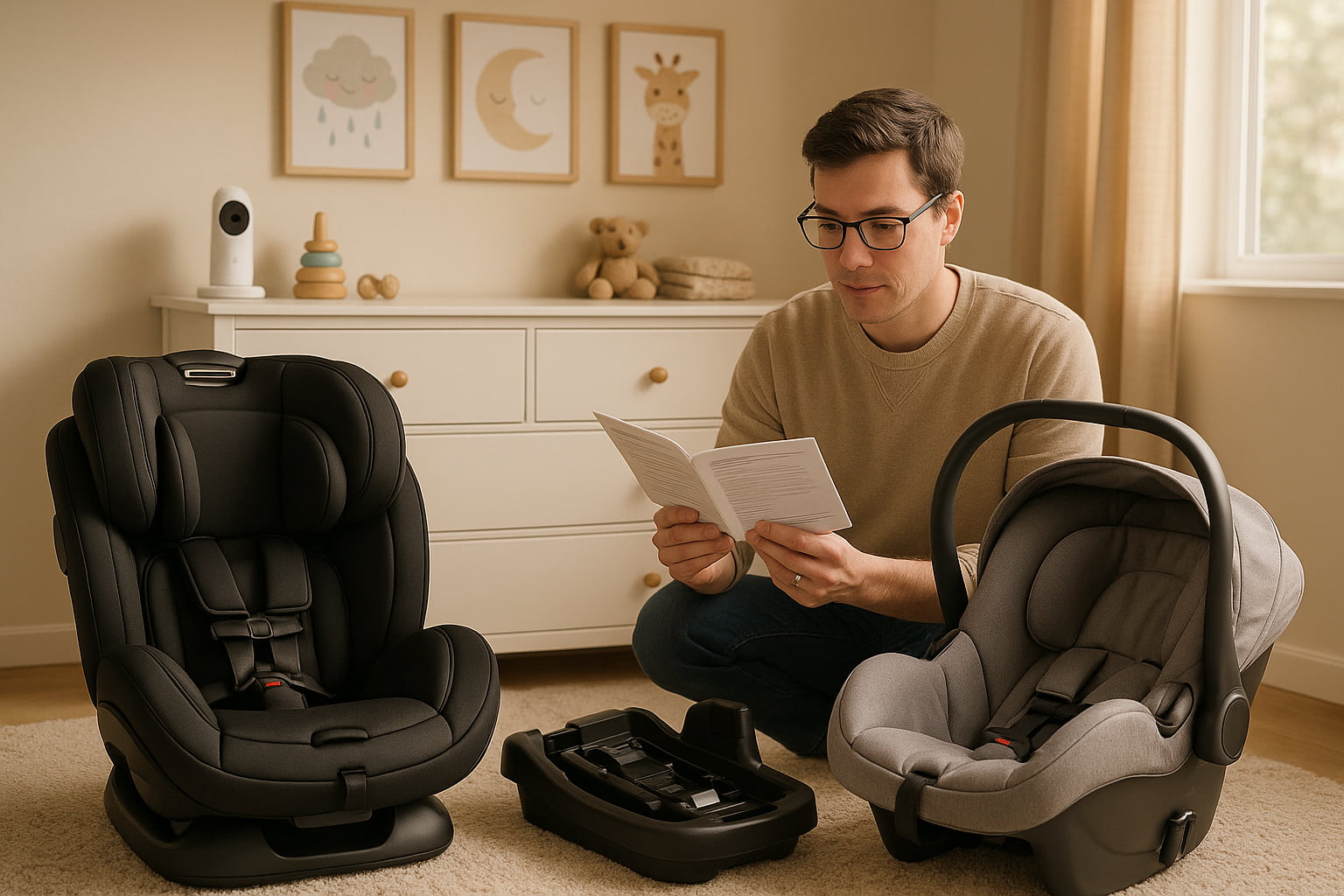 Parent choosing between an all-in-one and infant car seat at home (2025) - Find For Baby