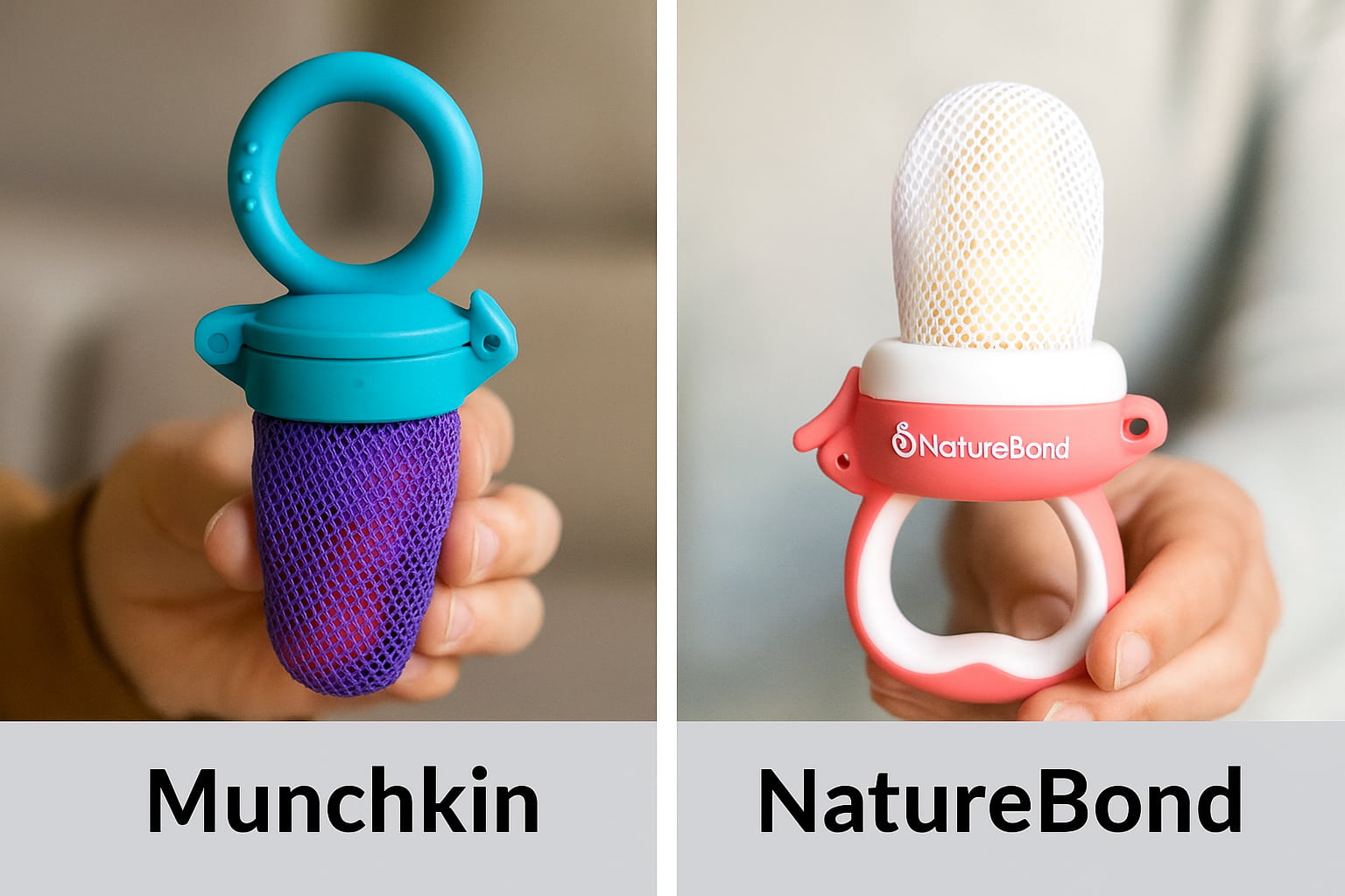 Parent holding a Munchkin mesh feeder next to another parent holding a NatureBond mesh feeder for baby feeding - Find For Baby Parent holding a Munchkin mesh feeder next to another parent holding a NatureBond mesh feeder for baby feeding - Find For Baby