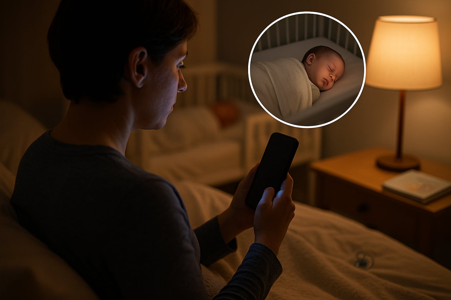 Parent in bed holding a phone upright with screen facing them, while a small circular pop-up overlay shows their baby sleeping peacefully - Find For Baby