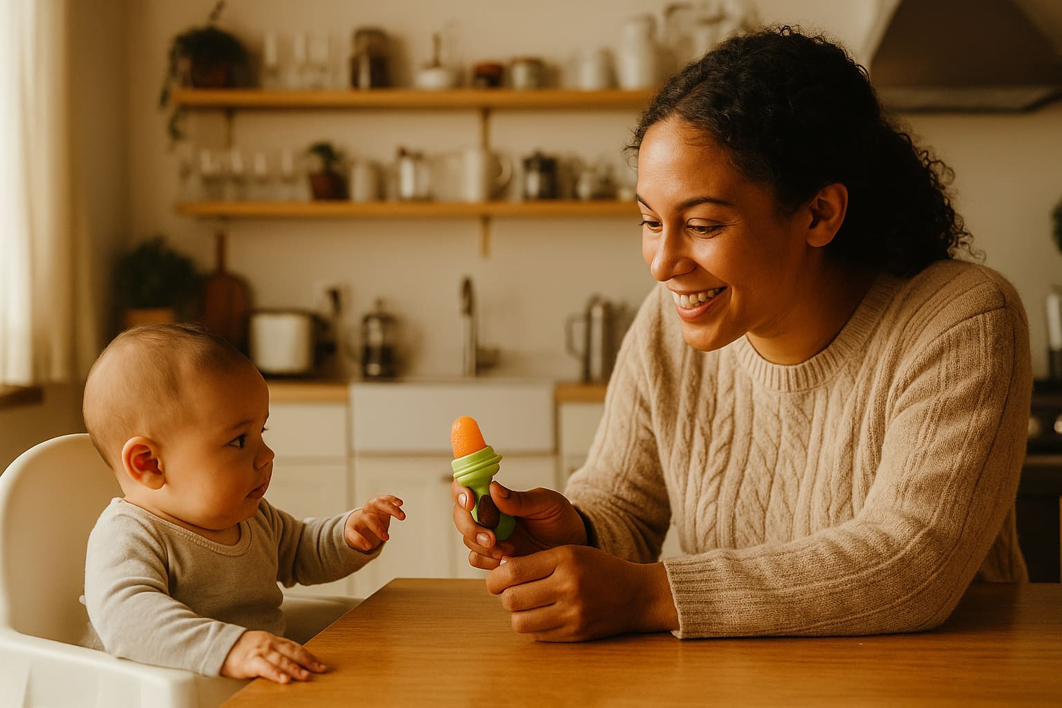Parent offering a safe mesh feeder to baby during mealtime - Find For Baby