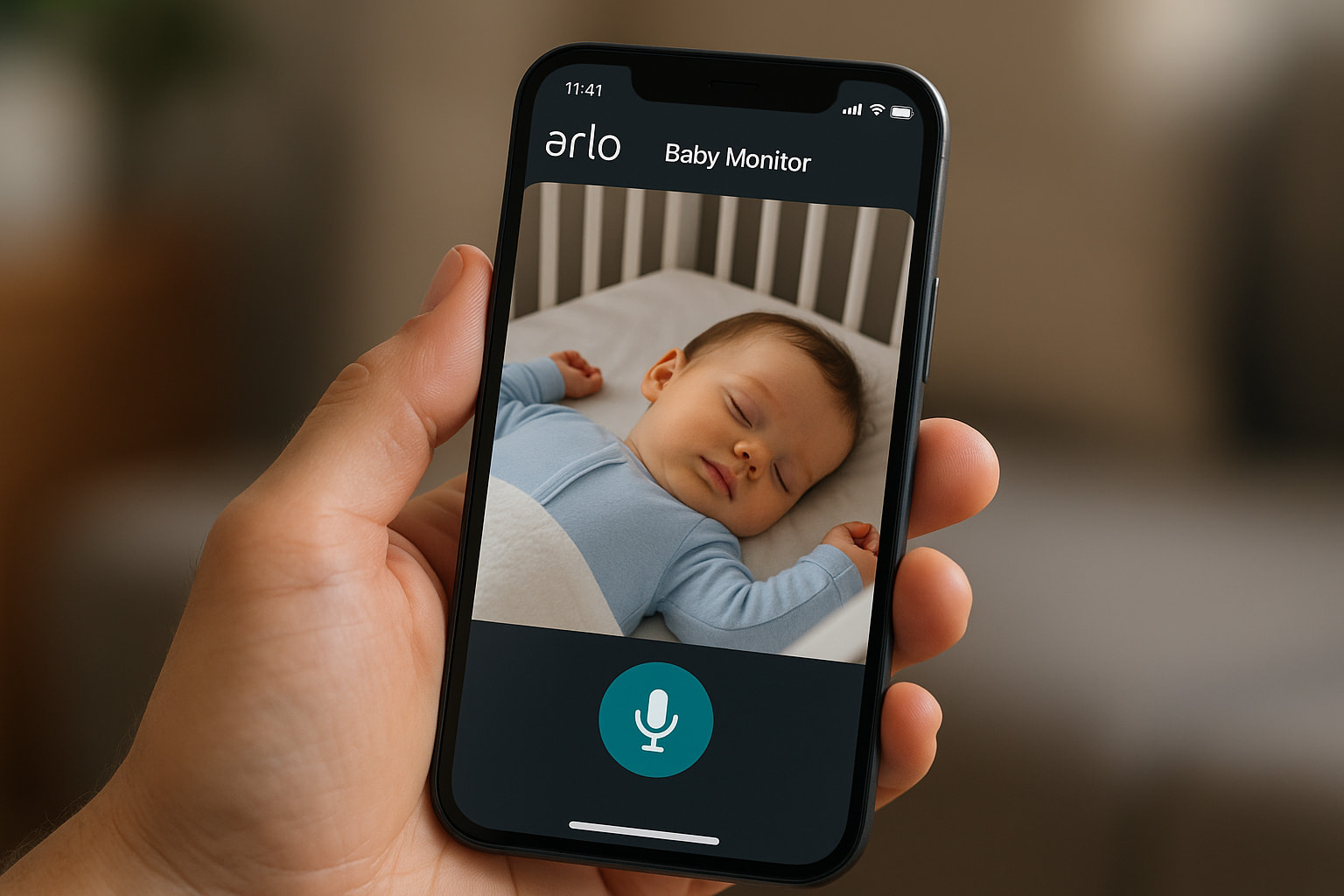 Parent using Arlo Baby Monitor app to watch and talk to baby in HD. - Find For Baby Parent using Arlo Baby Monitor app to watch and talk to baby in HD. - Find For Baby