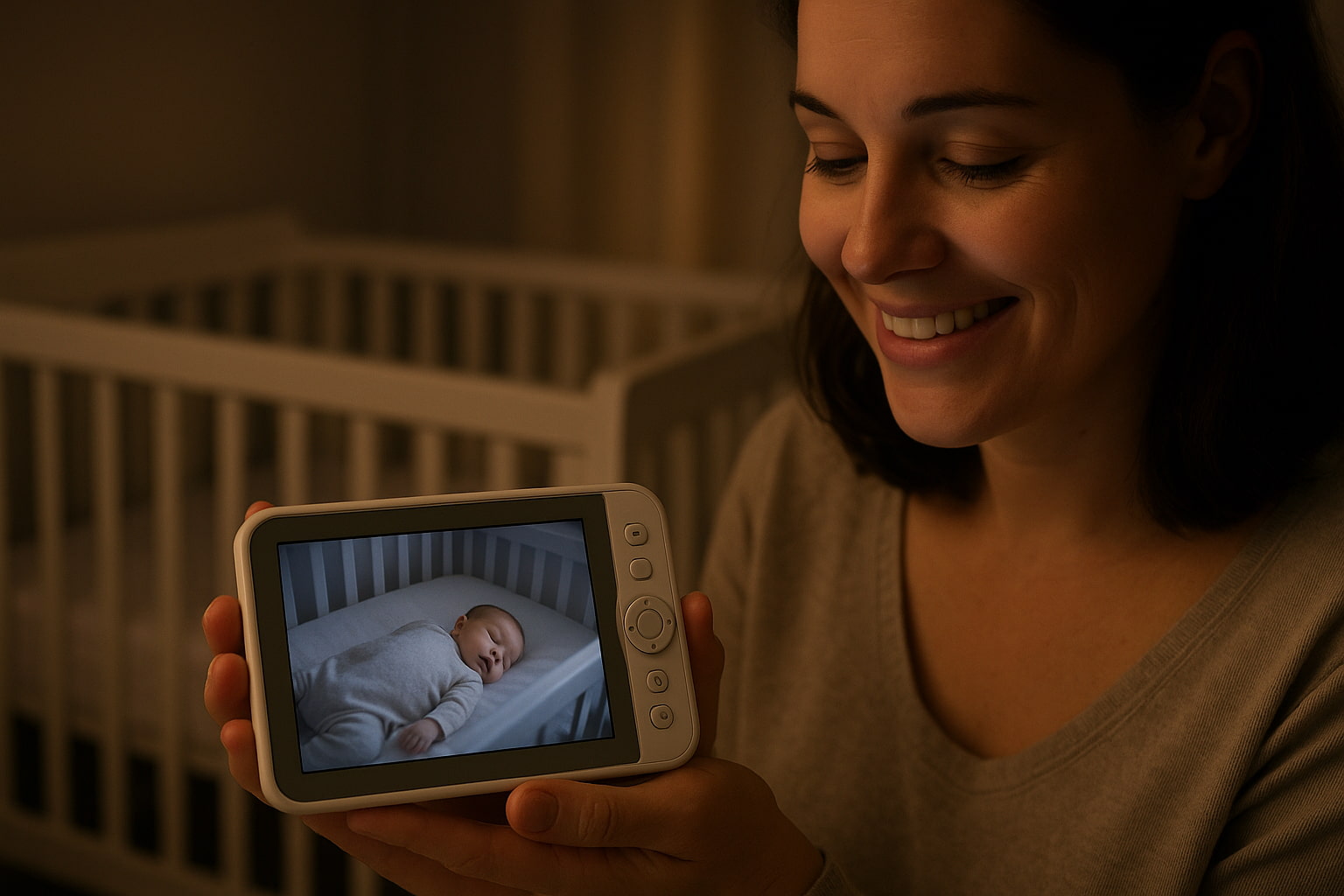 Parent using portable baby monitor to watch sleeping baby in nursery. - Find For Baby