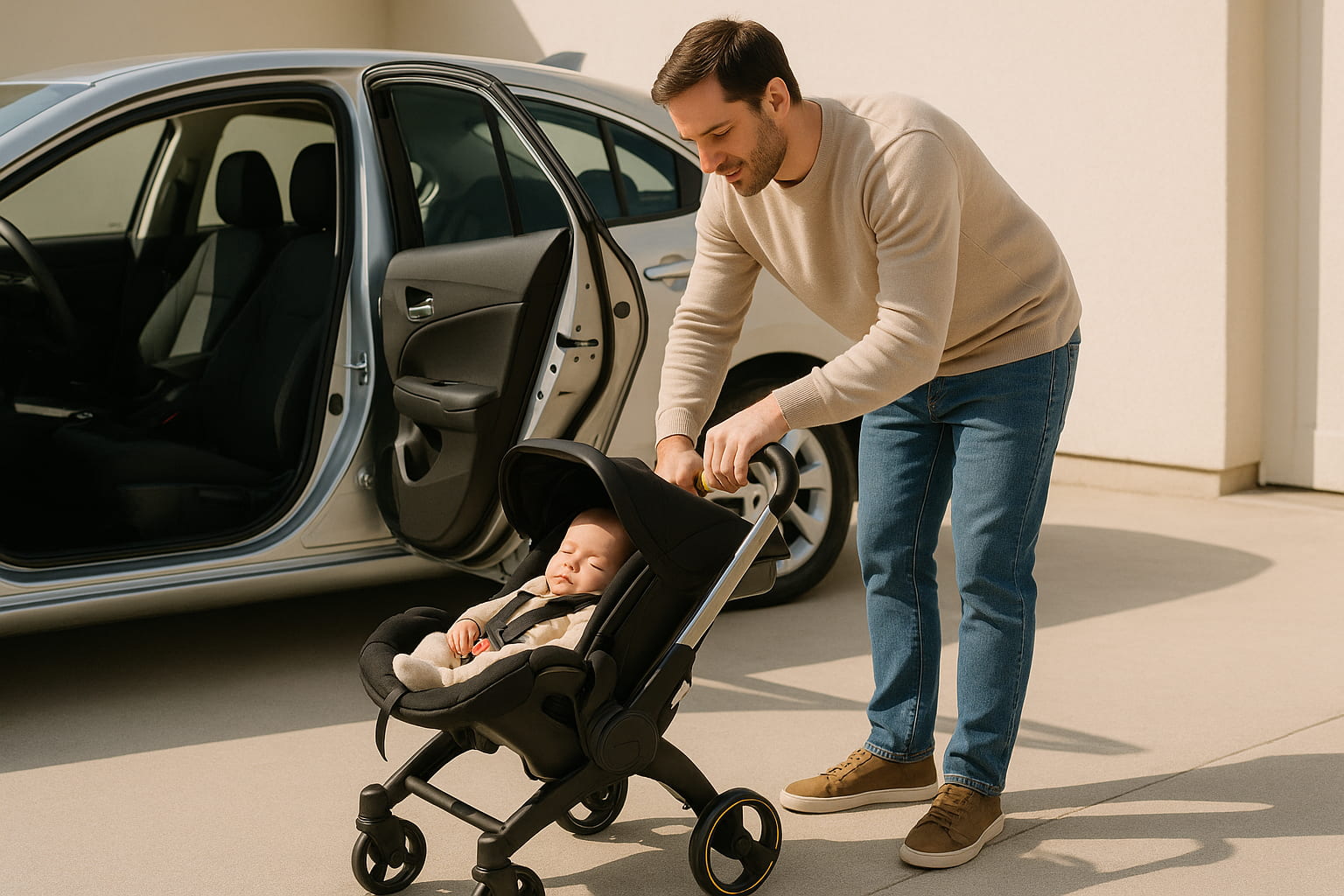 Parent using the Doona car seat stroller outside a car – doona car seat stroller review - Find For Baby