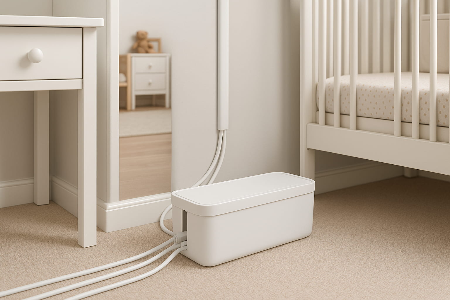 Power strip safely enclosed in a cover box with cords managed - Find For Baby