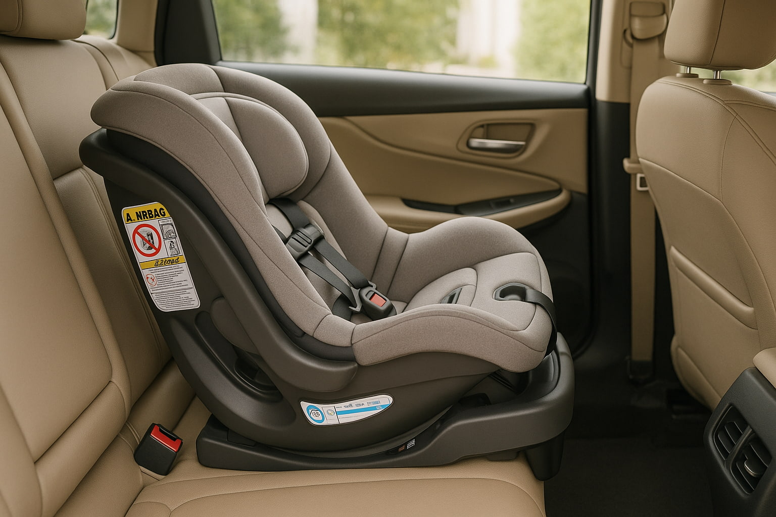 Properly installed infant car seat showing FMVSS 213 safety label and harness - Find For Baby Properly installed infant car seat showing FMVSS 213 safety label and harness - Find For Baby
