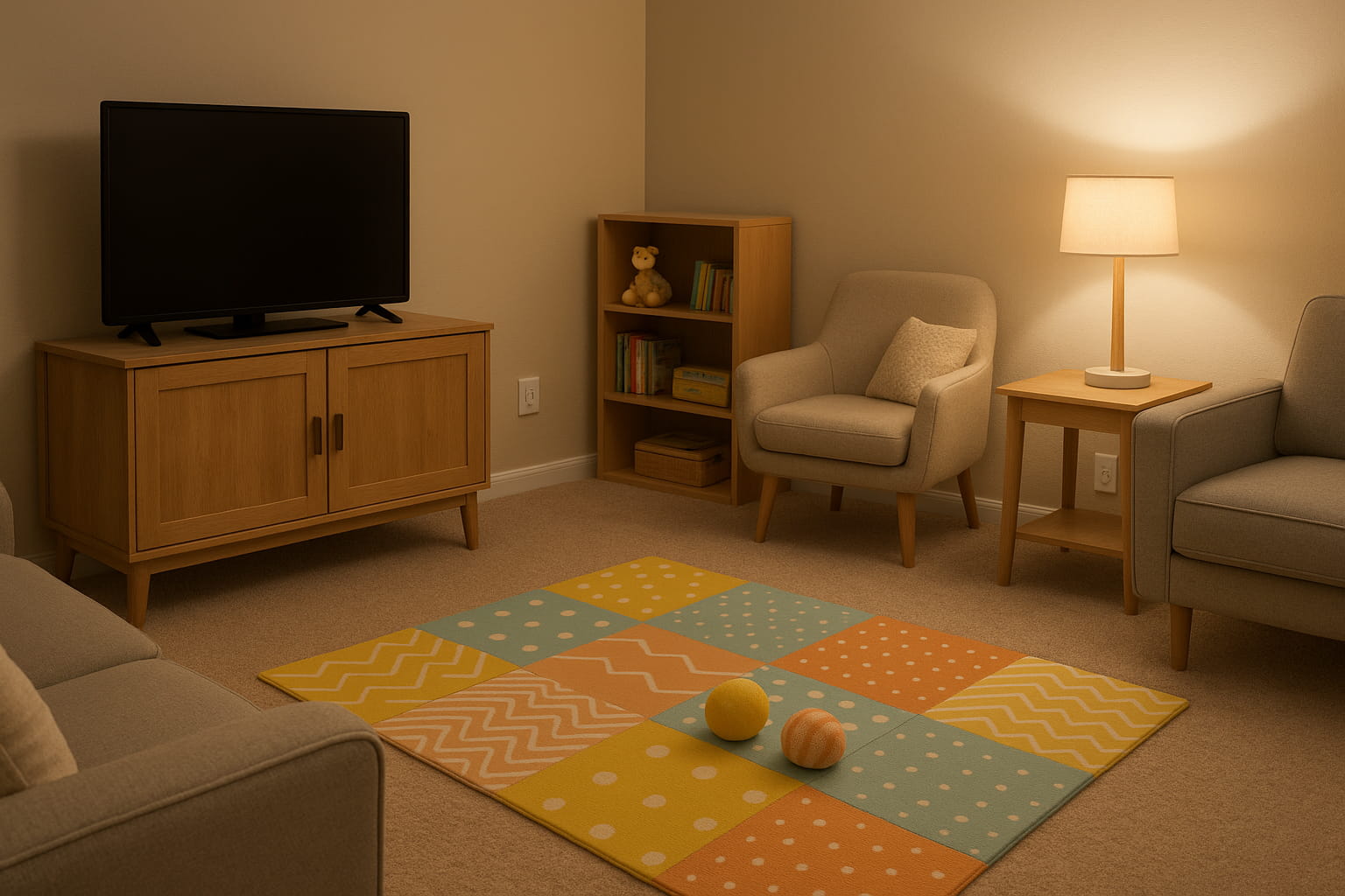 Safe living room setup with multiple Legrand Tamper Resistant Outlet Baby Locks - Find For Baby