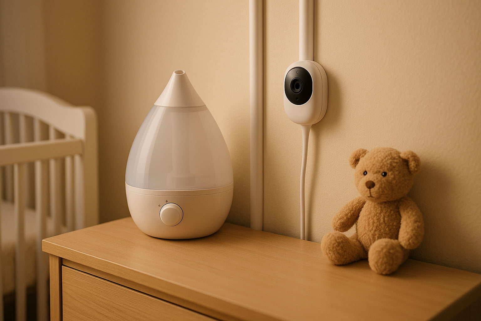 Safe nursery corner with cords hidden behind white cord covers - Find For Baby