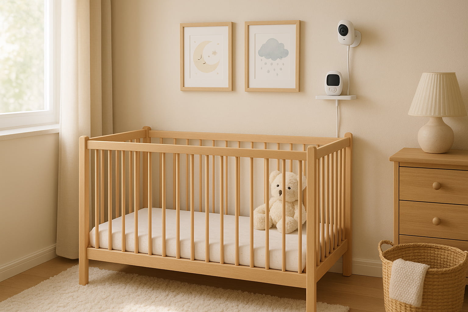 Safe nursery with properly installed baby monitor based on pediatrician recommendations. - Find For Baby