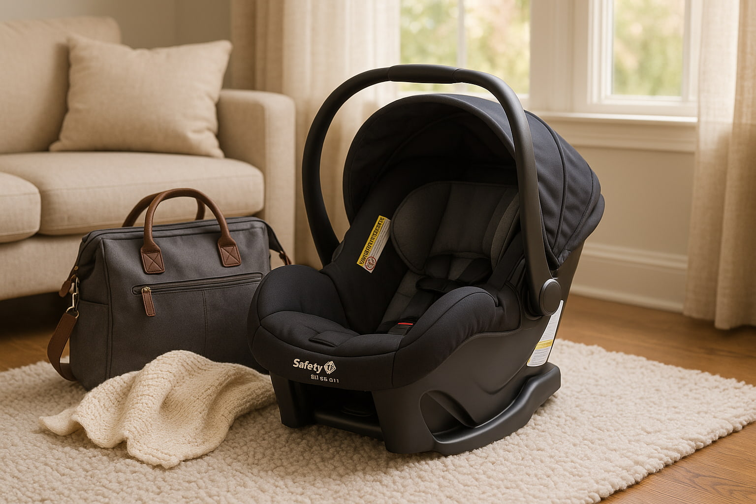 Safety 1st OnBoard 35 LT next to diaper bag at home. - Find For Baby