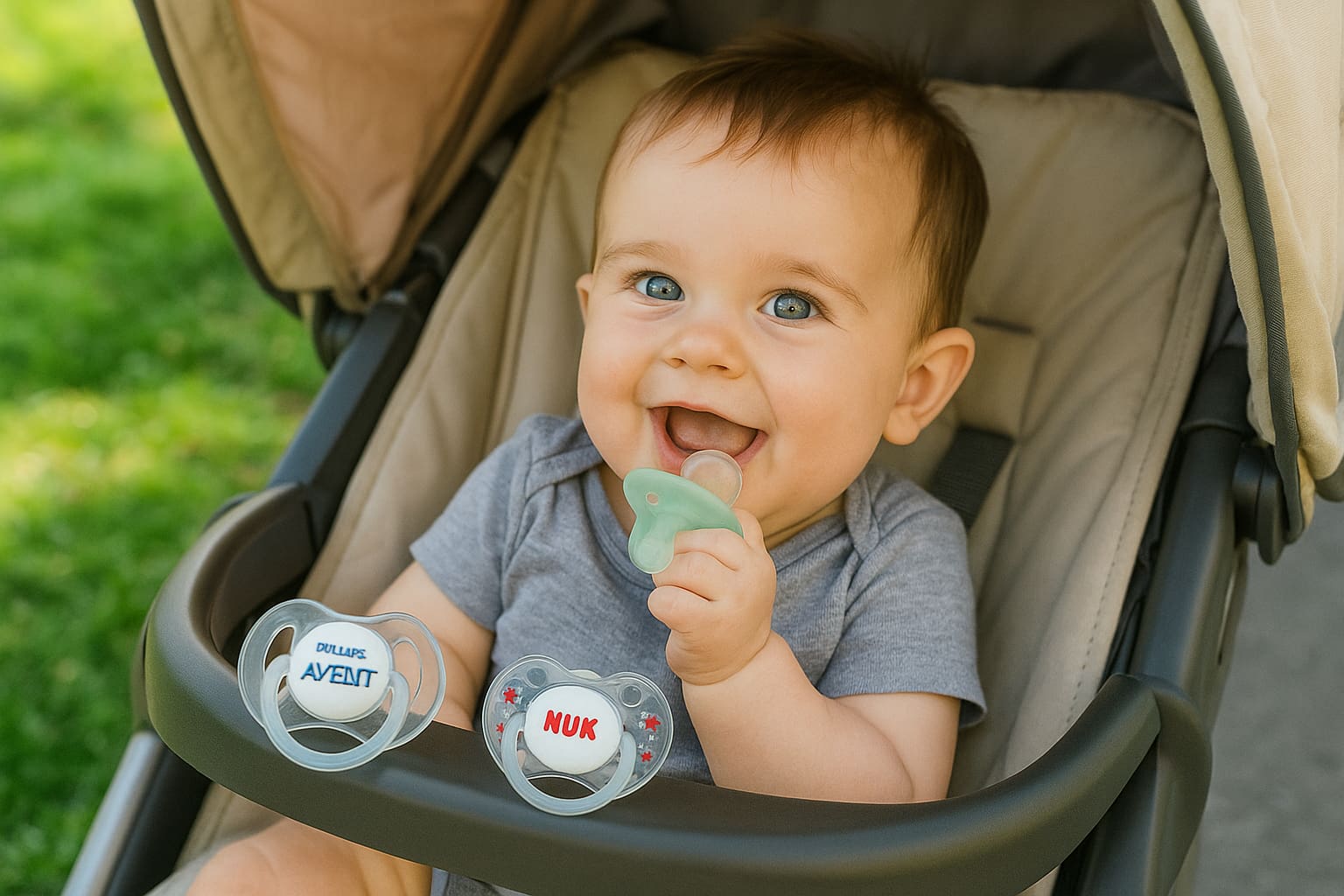 Smiling baby in stroller holding a pacifier with Philips Avent and NUK options nearby - Final for Baby