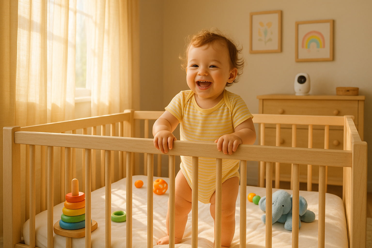 Toddler standing in crib, showing readiness to stop using baby monitor - Find For Baby