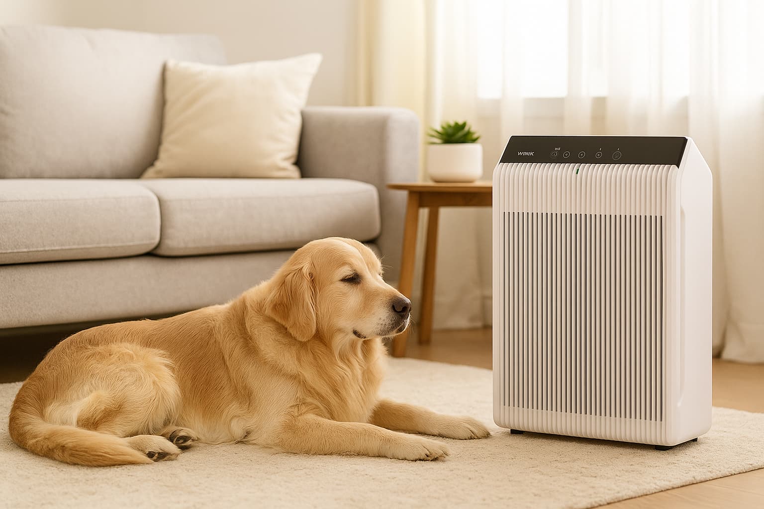 Dog resting beside baby-safe air purifier - Find For Baby Dog resting beside baby-safe air purifier - Find For Baby