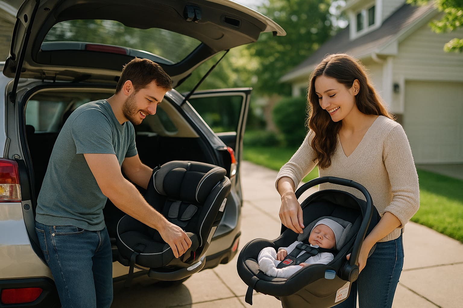 Family preparing car seat vs infant carrier for long trips, showing a convertible car seat and an infant carrier. - Find For Baby