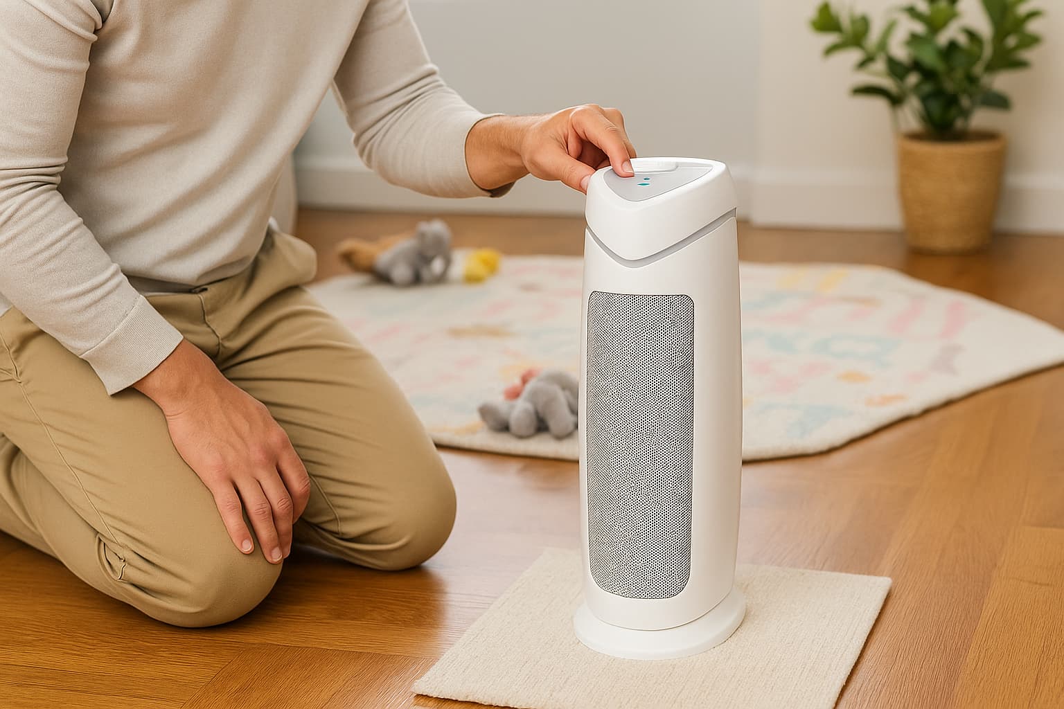 Parent adjusting baby-safe air purifier - Find For Baby Parent adjusting baby-safe air purifier - Find For Baby