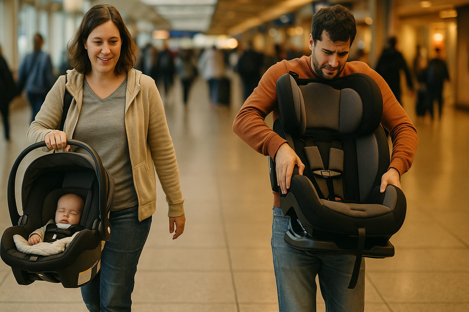 Parent carrying infant carrier through airport while another parent handles a bulky convertible seat. - Find For Baby