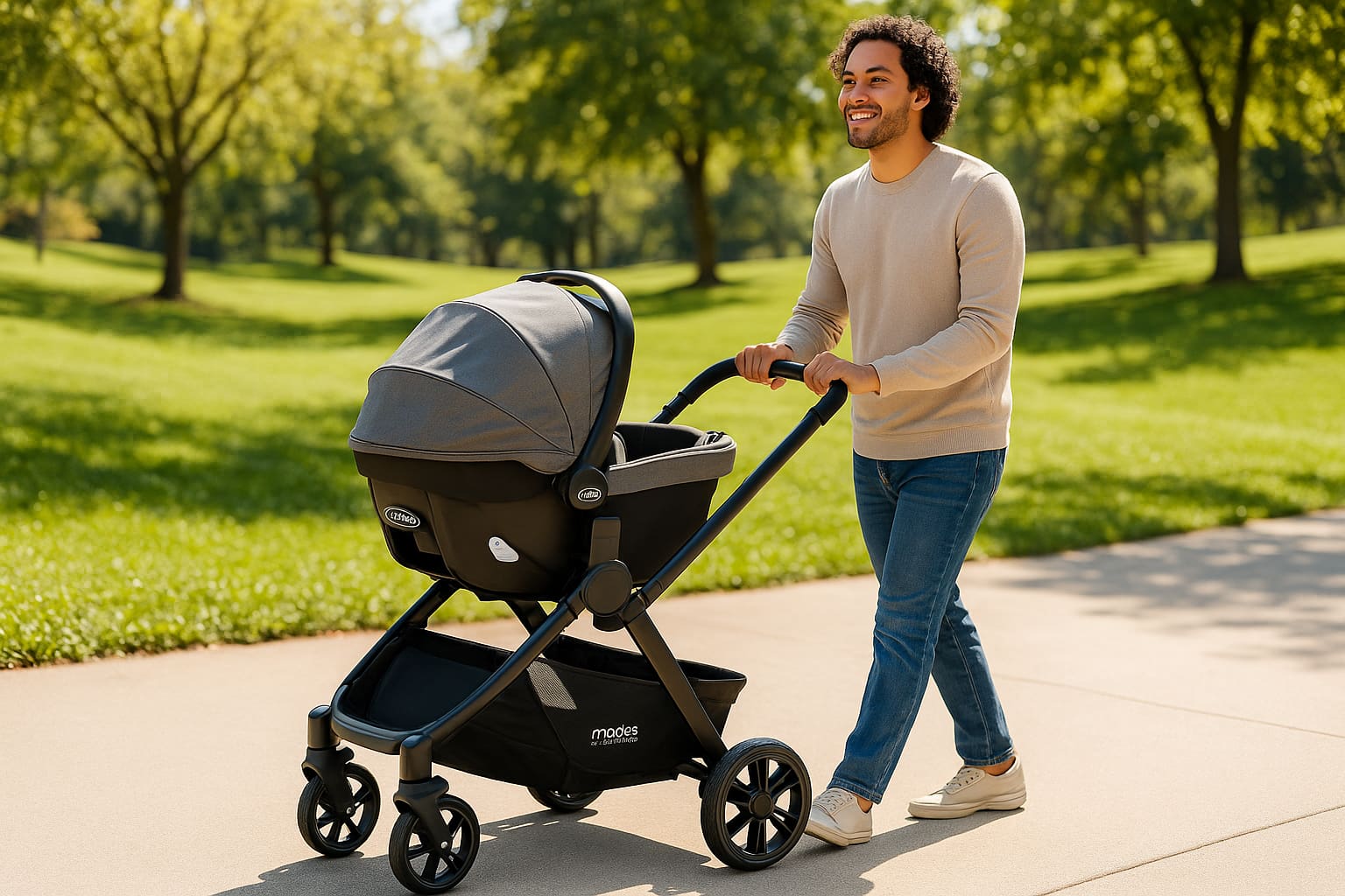 Parent using the Graco Modes Pramette Travel System stroller with infant seat attached in park - Find For Baby