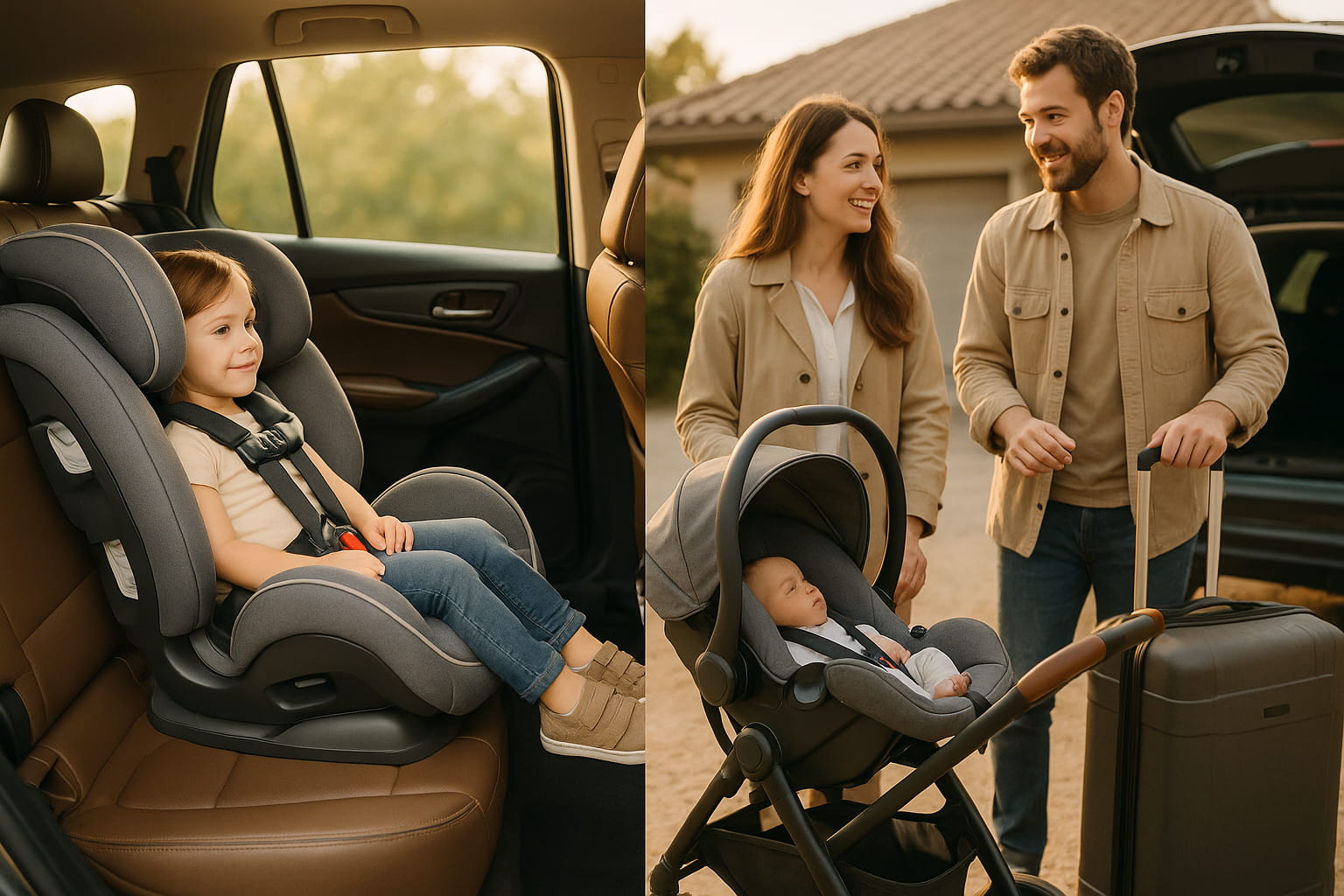 Side-by-side comparison of a convertible car seat in SUV vs infant carrier on stroller. - Find For Baby