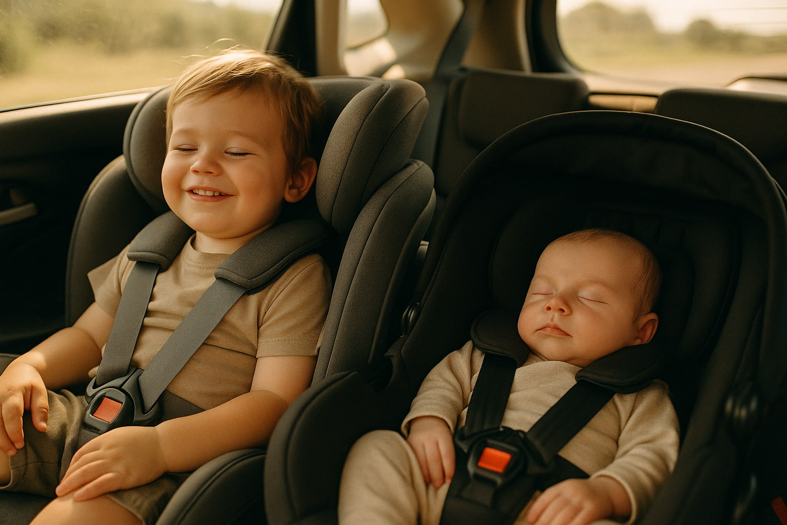 Toddler in convertible car seat and newborn in infant carrier during a road trip. - Find For Baby